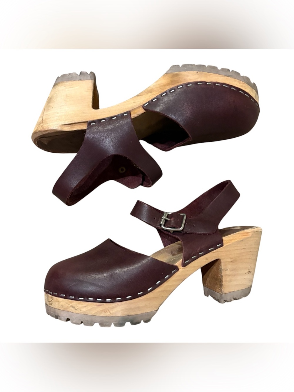 MIA Swedish ABBA Wine Clogs Leather Wood Heel Burgundy Maroon Buckle Sz 39 - Picture 3 of 6